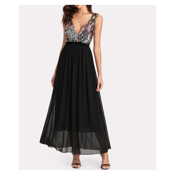 MBM Unlimited Dresses & Skirts - Black Deep V Sleeveless Sequin Contrast Maxi Dress